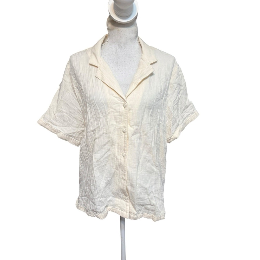 Quince Organic Cotton Gauze Button Up Shirt Cream Short Sleeve Women's Large